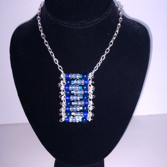 Handmade Blue Beaded Statement Necklace With Silver Tone Chains - Picture 15 of 16